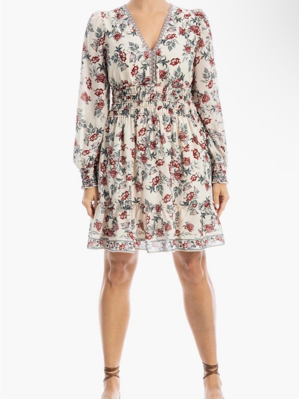 NWT Max Studio Georgette Floral Smocked Waist V-Neck Dress - Ivory, red - Picture 4 of 7
